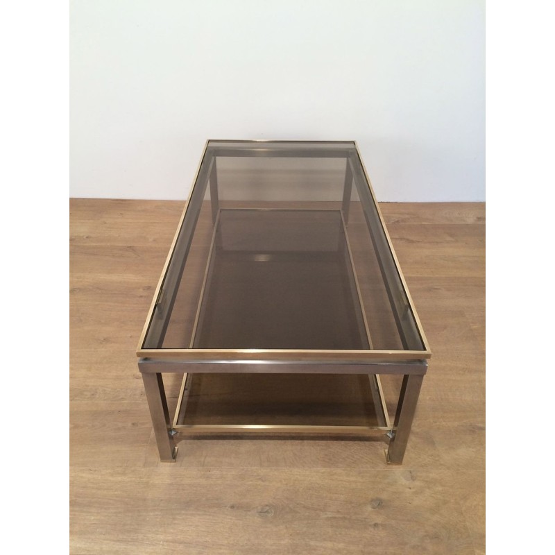 Two-Tier Coffee Table in Brushed Steel & Brass with Smoked Glass, Guy Lefèvre for Maison Jansen, circa 1970
