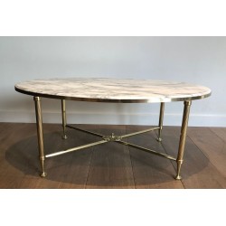 Neoclassical Oval Coffee Table in Brass with Carrara White Marble Top, Maison Jansen, circa 1940