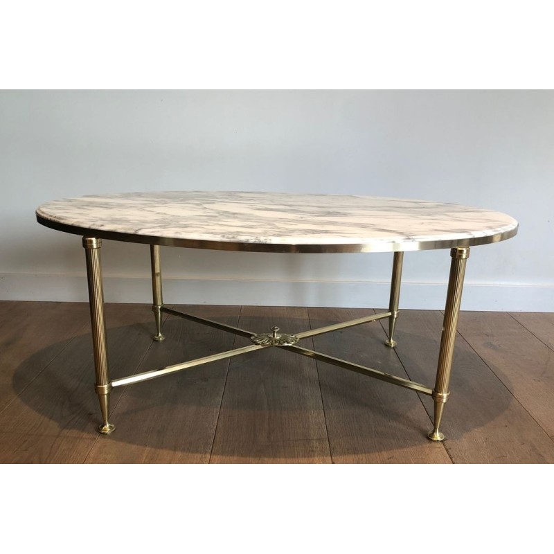 Neoclassical Oval Coffee Table in Brass with Carrara White Marble Top, Maison Jansen, circa 1940