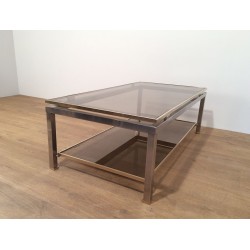 Two-Tier Coffee Table in Brushed Steel & Brass with Smoked Glass, Guy Lefèvre for Maison Jansen, circa 1970
