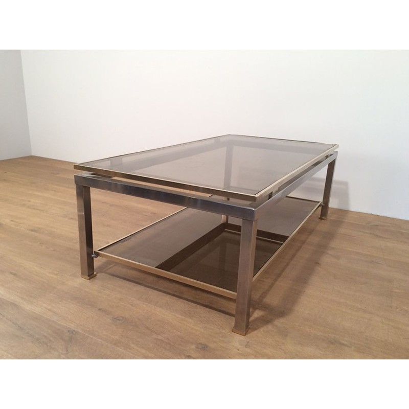 Two-Tier Coffee Table in Brushed Steel & Brass with Smoked Glass, Guy Lefèvre for Maison Jansen, circa 1970