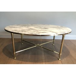 Neoclassical Oval Coffee Table in Brass with Carrara White Marble Top, Maison Jansen, circa 1940