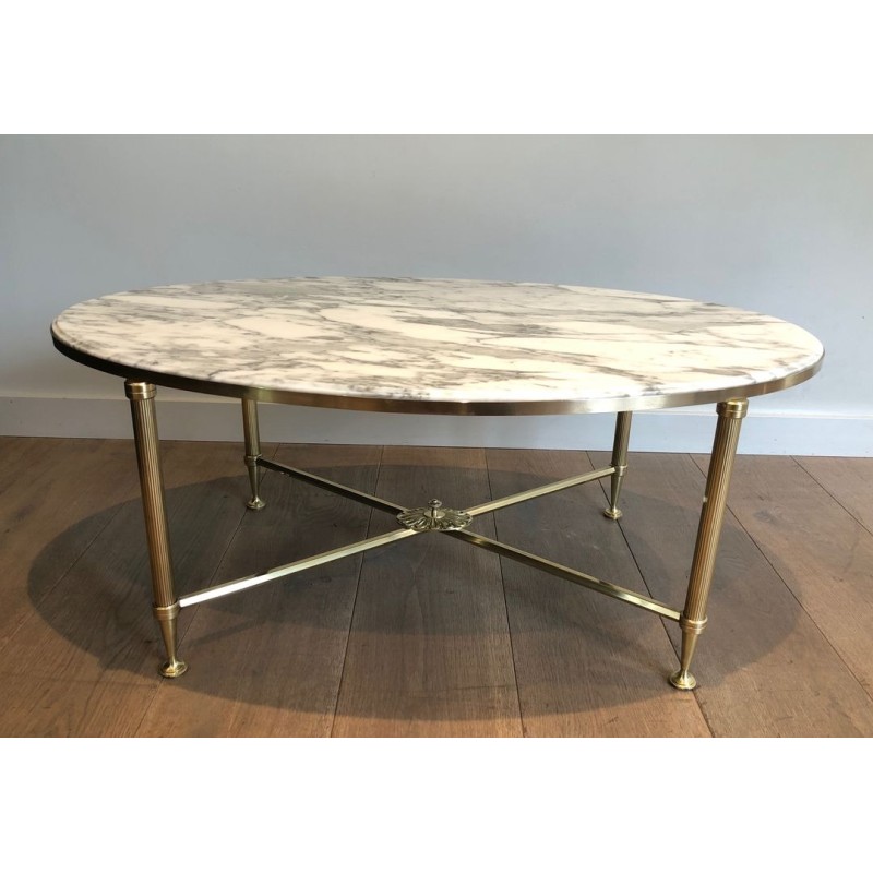 Neoclassical Oval Coffee Table in Brass with Carrara White Marble Top, Maison Jansen, circa 1940