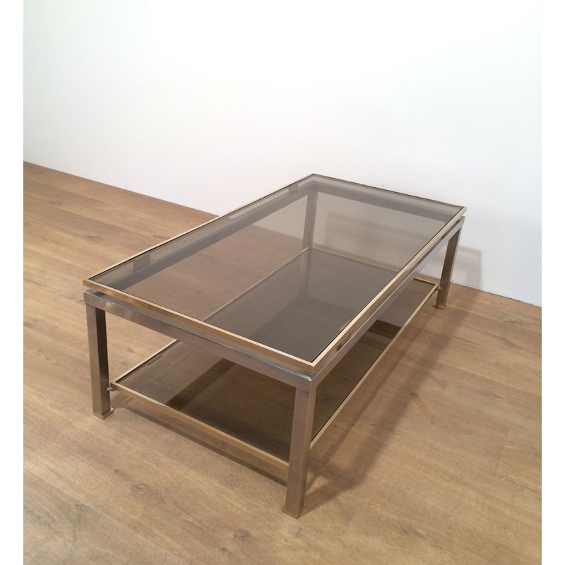 Two-Tier Coffee Table in Brushed Steel & Brass with Smoked Glass, Guy Lefèvre for Maison Jansen, circa 1970