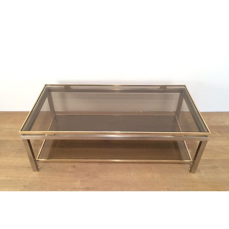 Two-Tier Coffee Table in Brushed Steel & Brass with Smoked Glass, Guy Lefèvre for Maison Jansen, circa 1970
