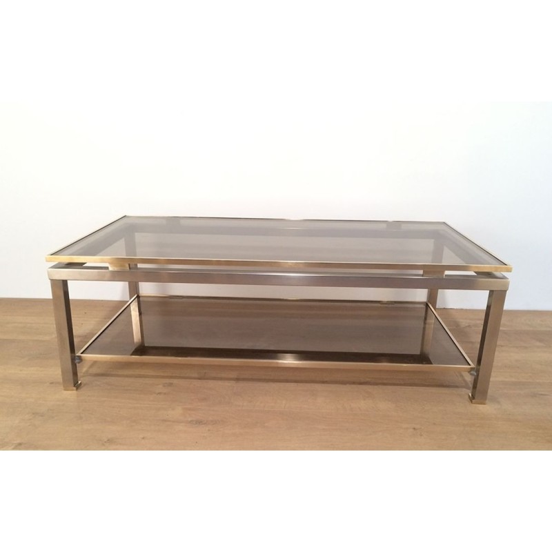 Two-Tier Coffee Table in Brushed Steel & Brass with Smoked Glass, Guy Lefèvre for Maison Jansen, circa 1970