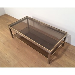 Two-Tier Coffee Table in Brushed Steel & Brass with Smoked Glass, Guy Lefèvre for Maison Jansen, circa 1970