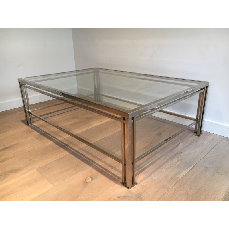 Modernist Chrome & Glass Coffee Table with Triple-Bar Legs, French Work circa 1970