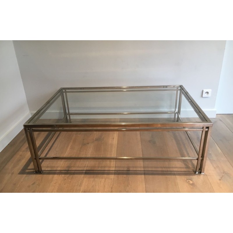 Modernist Chrome & Glass Coffee Table with Triple-Bar Legs, French Work circa 1970