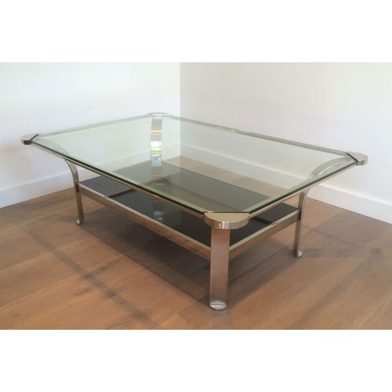 Large Two-Tier Chrome Coffee Table, Clear & Black Glass Shelves, French Work circa 1970