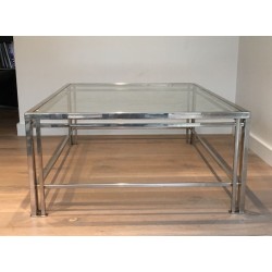 Modernist Chrome & Glass Coffee Table with Triple-Bar Legs, French Work circa 1970