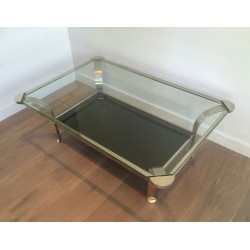 Large Two-Tier Chrome Coffee Table, Clear & Black Glass Shelves, French Work circa 1970