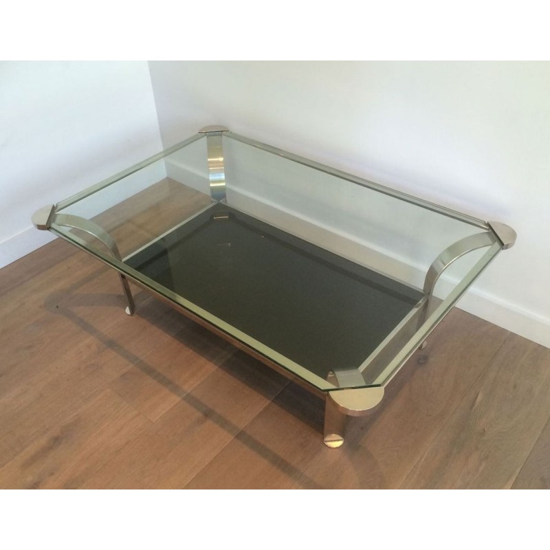 Large Two-Tier Chrome Coffee Table, Clear & Black Glass Shelves, French Work circa 1970