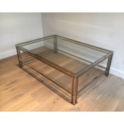 Modernist Chrome & Glass Coffee Table with Triple-Bar Legs, French Work circa 1970