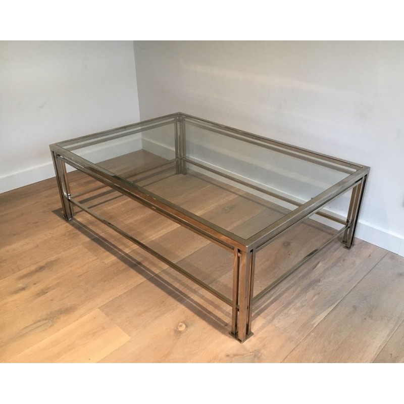 Modernist Chrome & Glass Coffee Table with Triple-Bar Legs, French Work circa 1970