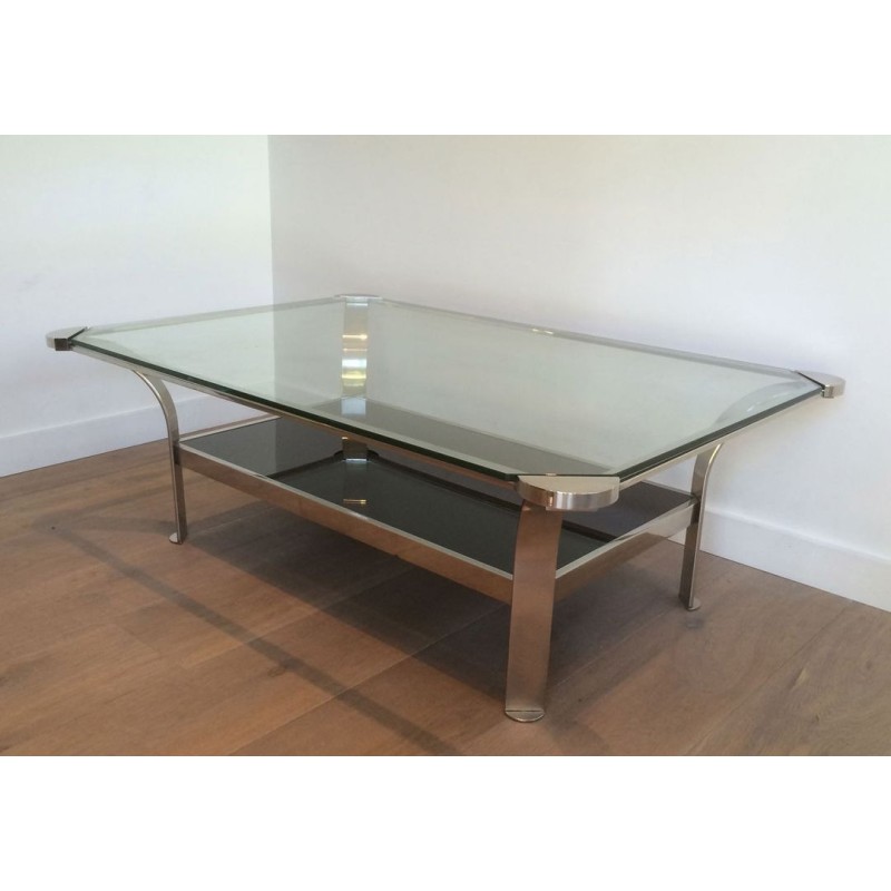Large Two-Tier Chrome Coffee Table, Clear & Black Glass Shelves, French Work circa 1970