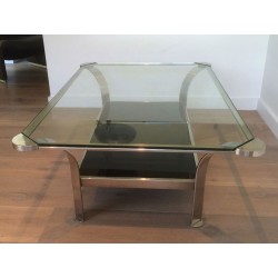 Large Two-Tier Chrome Coffee Table, Clear & Black Glass Shelves, French Work circa 1970