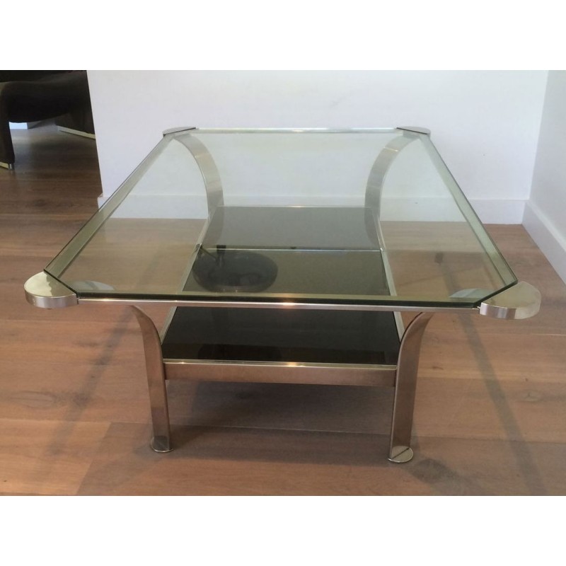 Large Two-Tier Chrome Coffee Table, Clear & Black Glass Shelves, French Work circa 1970