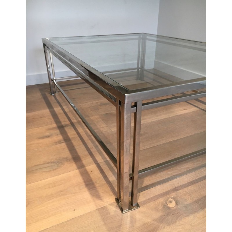 Modernist Chrome & Glass Coffee Table with Triple-Bar Legs, French Work circa 1970