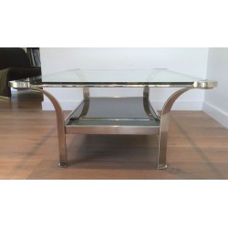 Large Two-Tier Chrome Coffee Table, Clear & Black Glass Shelves, French Work circa 1970