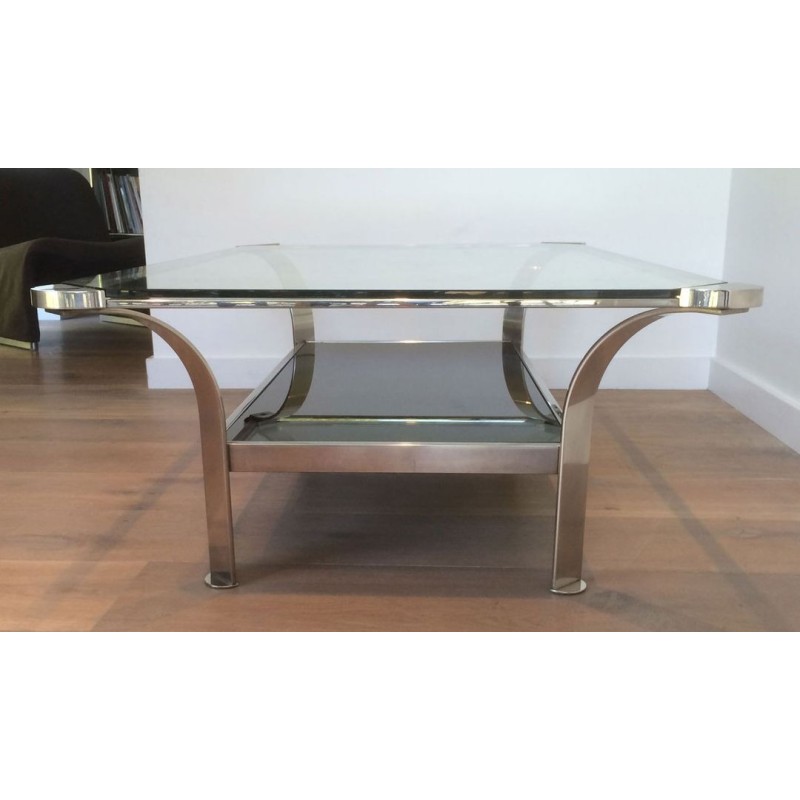 Large Two-Tier Chrome Coffee Table, Clear & Black Glass Shelves, French Work circa 1970