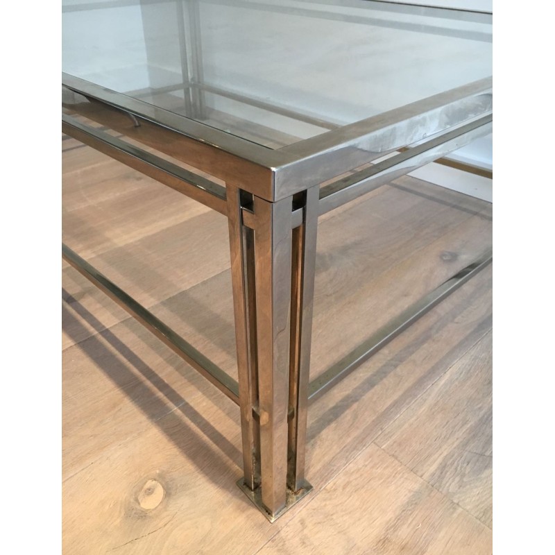 Modernist Chrome & Glass Coffee Table with Triple-Bar Legs, French Work circa 1970