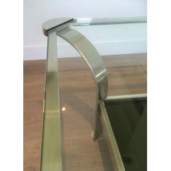 Large Two-Tier Chrome Coffee Table, Clear & Black Glass Shelves, French Work circa 1970