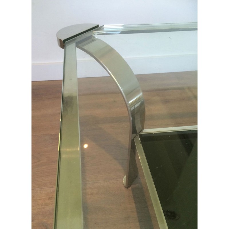 Large Two-Tier Chrome Coffee Table, Clear & Black Glass Shelves, French Work circa 1970