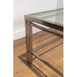 Modernist Chrome & Glass Coffee Table with Triple-Bar Legs, French Work circa 1970