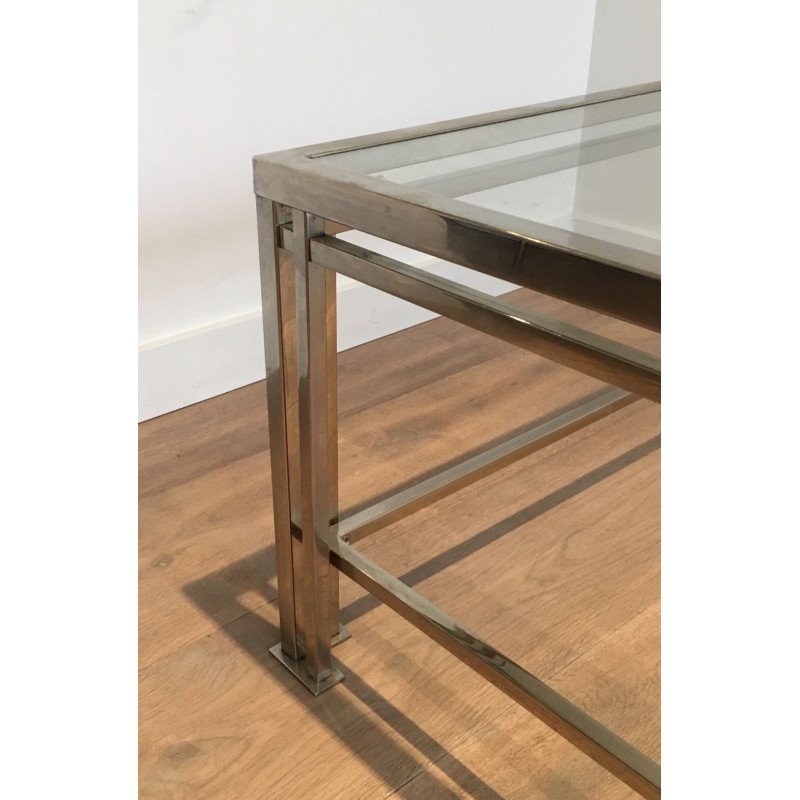 Modernist Chrome & Glass Coffee Table with Triple-Bar Legs, French Work circa 1970