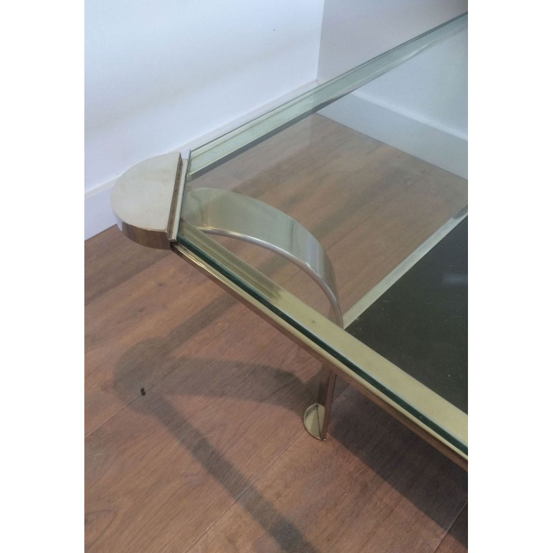 Large Two-Tier Chrome Coffee Table, Clear & Black Glass Shelves, French Work circa 1970
