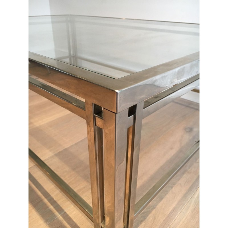 Modernist Chrome & Glass Coffee Table with Triple-Bar Legs, French Work circa 1970