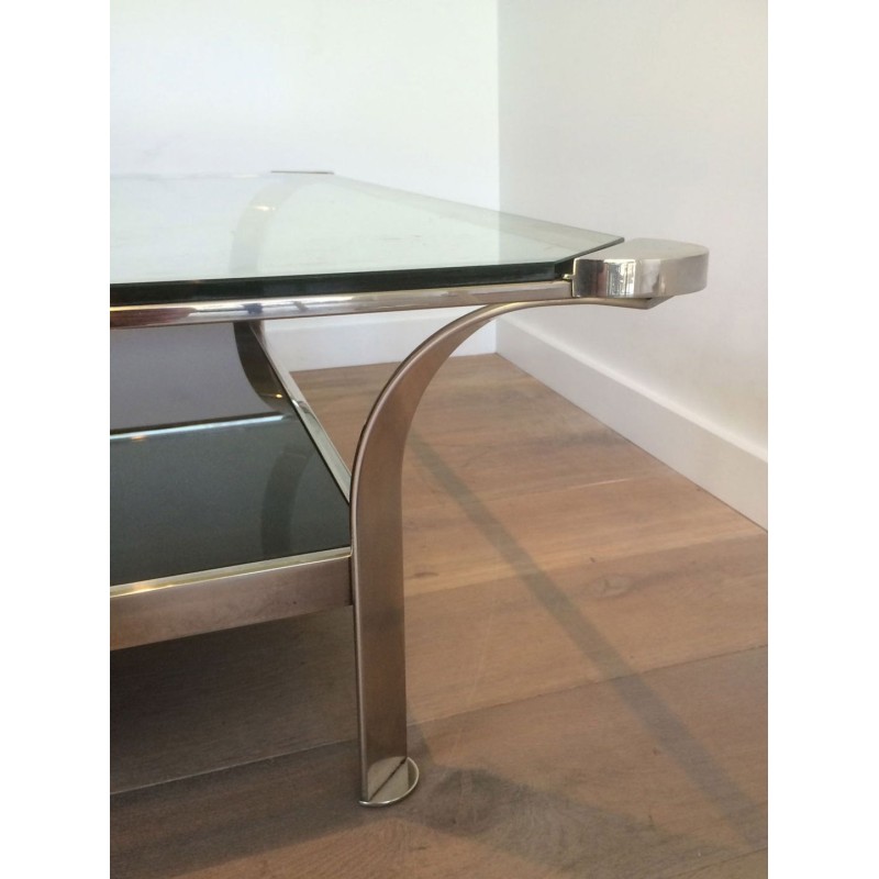Large Two-Tier Chrome Coffee Table, Clear & Black Glass Shelves, French Work circa 1970