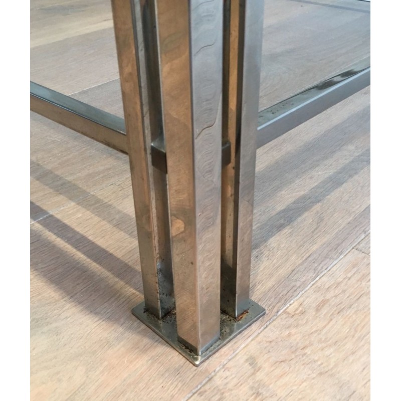 Modernist Chrome & Glass Coffee Table with Triple-Bar Legs, French Work circa 1970