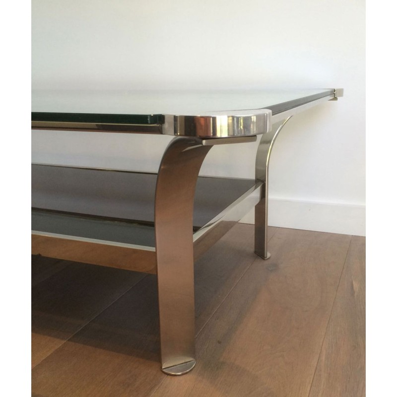 Large Two-Tier Chrome Coffee Table, Clear & Black Glass Shelves, French Work circa 1970