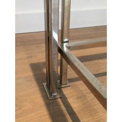 Modernist Chrome & Glass Coffee Table with Triple-Bar Legs, French Work circa 1970