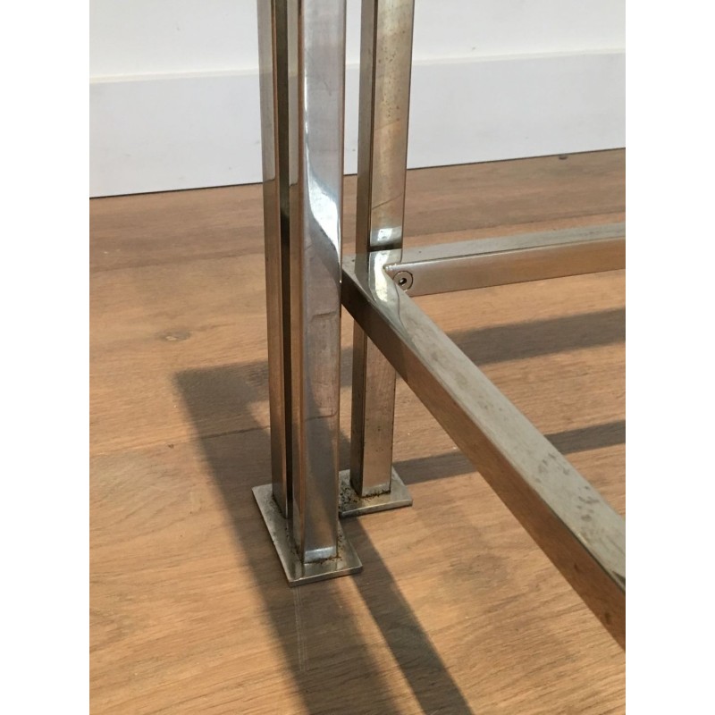 Modernist Chrome & Glass Coffee Table with Triple-Bar Legs, French Work circa 1970