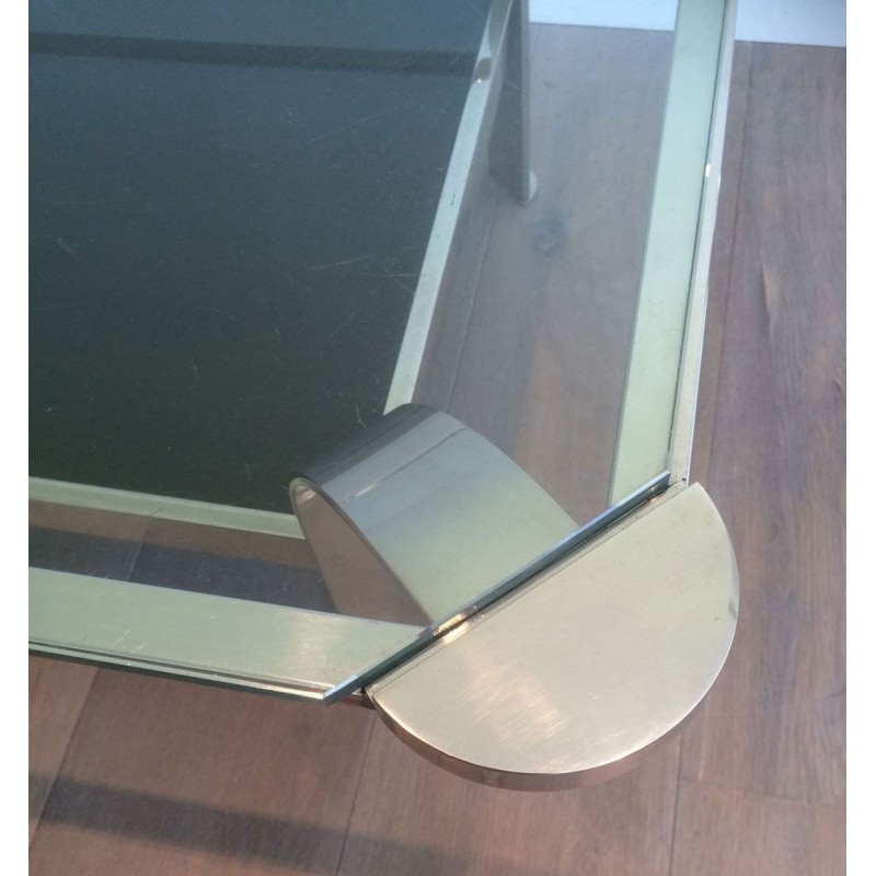 Large Two-Tier Chrome Coffee Table, Clear & Black Glass Shelves, French Work circa 1970