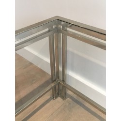 Modernist Chrome & Glass Coffee Table with Triple-Bar Legs, French Work circa 1970
