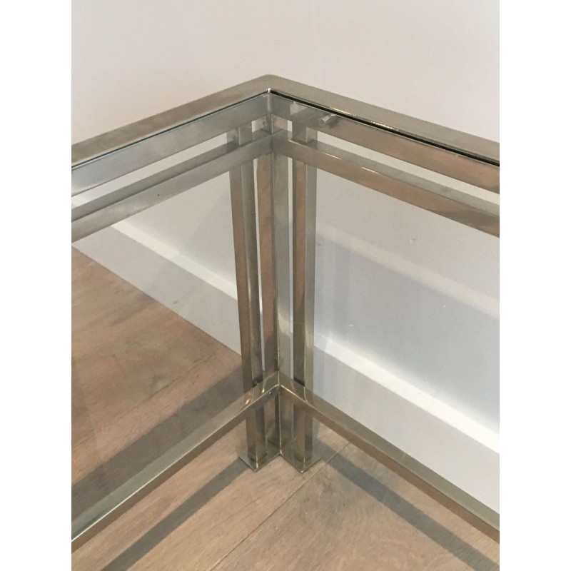 Modernist Chrome & Glass Coffee Table with Triple-Bar Legs, French Work circa 1970