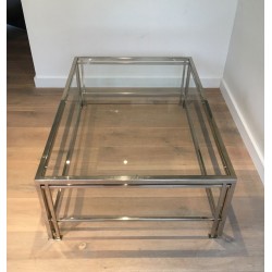 Modernist Chrome & Glass Coffee Table with Triple-Bar Legs, French Work circa 1970