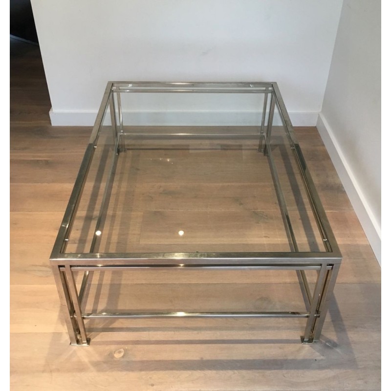Modernist Chrome & Glass Coffee Table with Triple-Bar Legs, French Work circa 1970