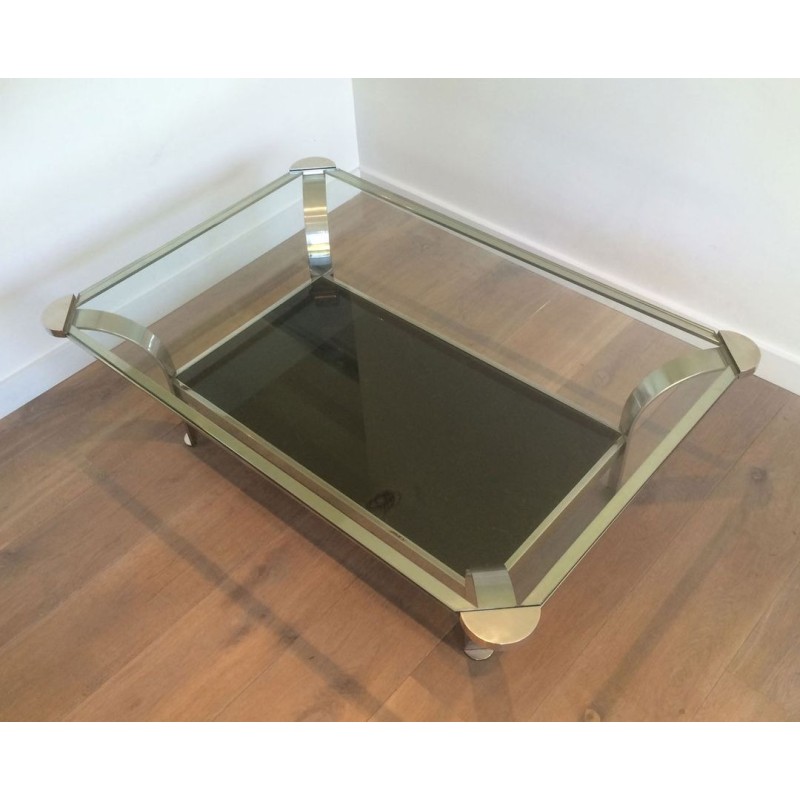 Large Two-Tier Chrome Coffee Table, Clear & Black Glass Shelves, French Work circa 1970