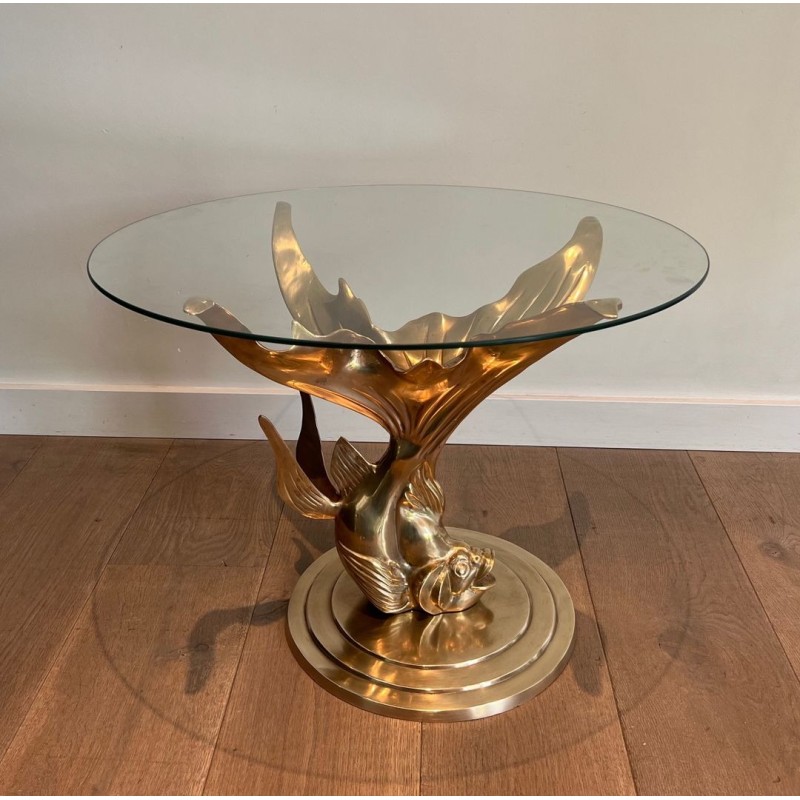 Sculpted Brass Coffee Table with Fish Base and Round Glass Top, France circa 1970