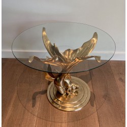 Sculpted Brass Coffee Table with Fish Base and Round Glass Top, France circa 1970