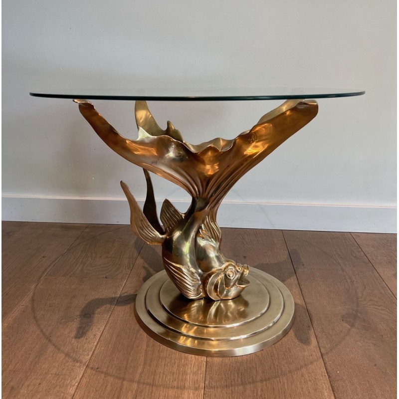 Sculpted Brass Coffee Table with Fish Base and Round Glass Top, France circa 1970