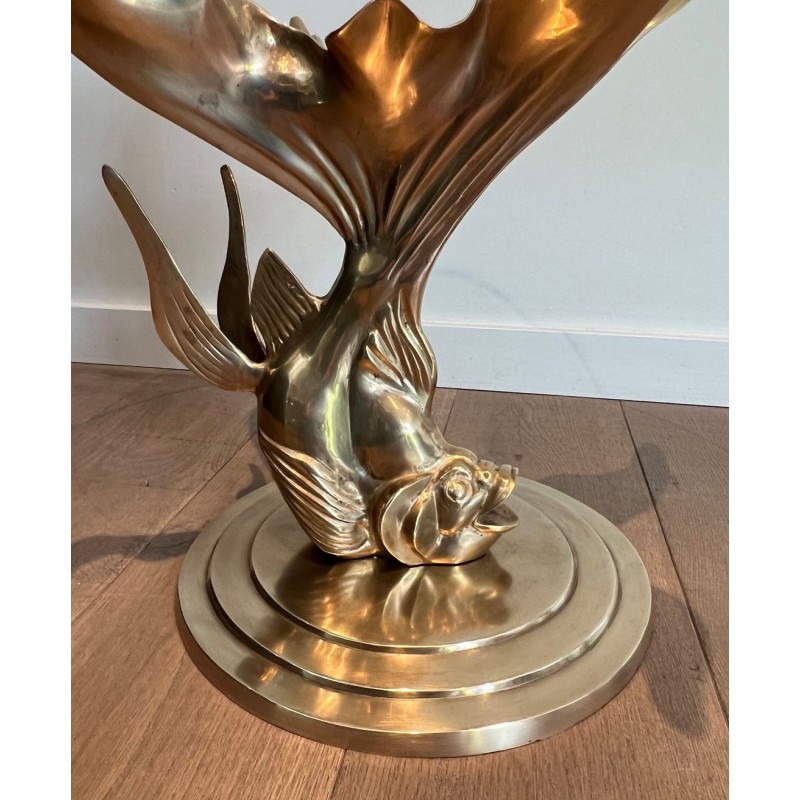 Sculpted Brass Coffee Table with Fish Base and Round Glass Top, France circa 1970