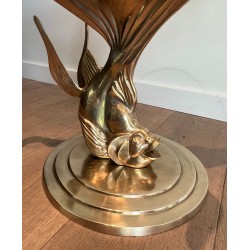 Sculpted Brass Coffee Table with Fish Base and Round Glass Top, France circa 1970