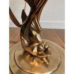 Sculpted Brass Coffee Table with Fish Base and Round Glass Top, France circa 1970