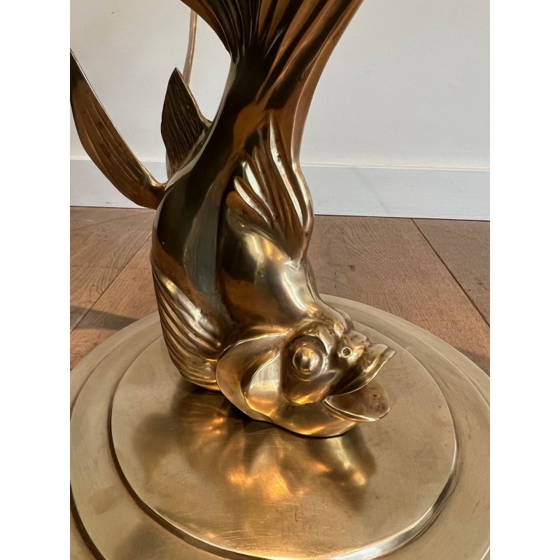 Sculpted Brass Coffee Table with Fish Base and Round Glass Top, France circa 1970